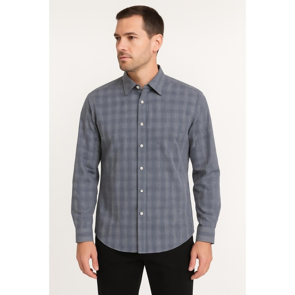 Michael Kors Shirt Mens 17.5 34/35  Navy Long Sleeve Check Pattern Button Down